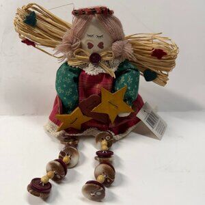 Primitive Vintage Cloth Rag Angel Cottage Core Country Button Legs Folk Art